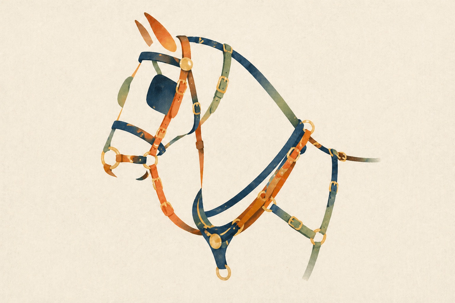 A horse harness in cream, deep navy, terracotta, sage, and butter yellow with brass buckles, tracing the silhouette of a horse's head and neck against a paper background — but the horse itself is absent.
